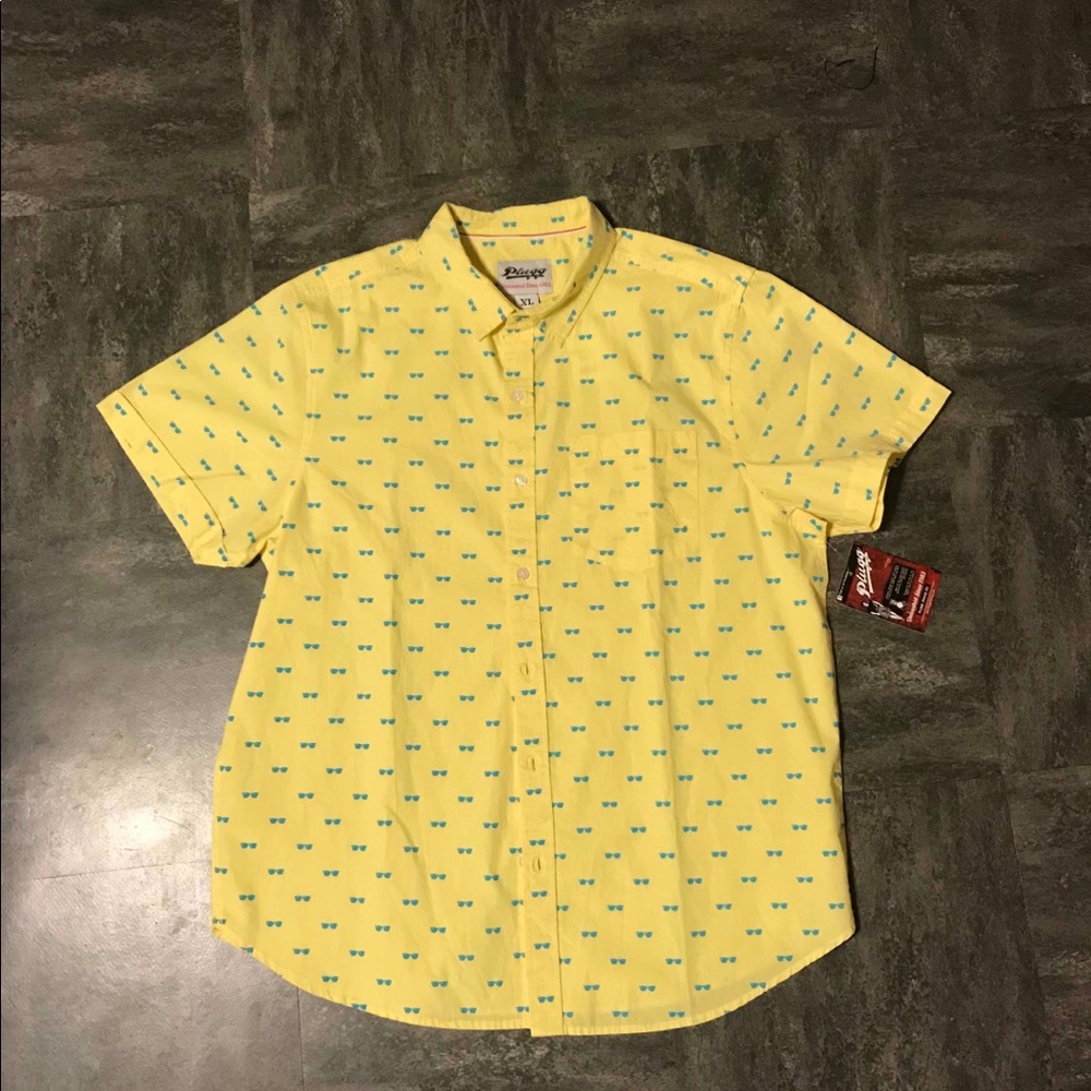 Yellow button up shirt with sun glasses design